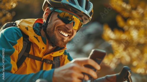 Cheerful cyclist using a smartphone while seated on his bike. Active individual smiling and browsing on mobile while riding outside