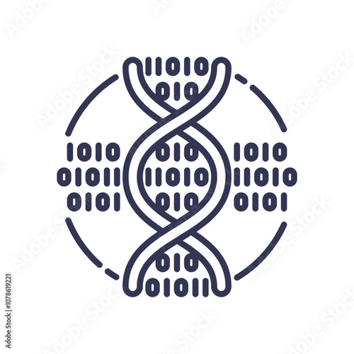 DNA helix with binary code symbolizes genetic algorithms and data processing.