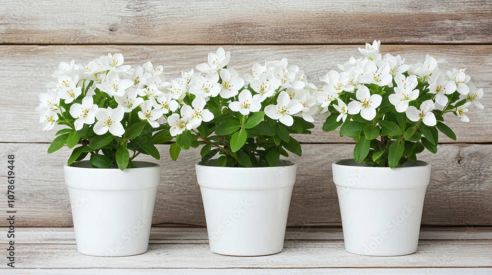 Beautiful flowering plants in white ceramic pots against a rustic wooden background, perfect for home decor and gardening inspiration. Beautiful flowering plants in white ceramic pots against a rustic wooden background, perfect for home decor and gardening inspiration.