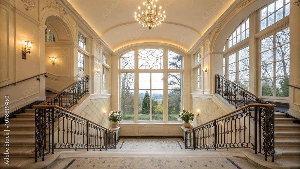 Obraz premium Two Elegantly Designed Stairwells Leading to a Bright Hallway with Scenic Views, Perfect for Interior Design Inspiration and Architectural Photography