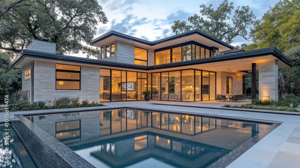 Modern house with swimming pool and large windows. Modern house with swimming pool and large windows.