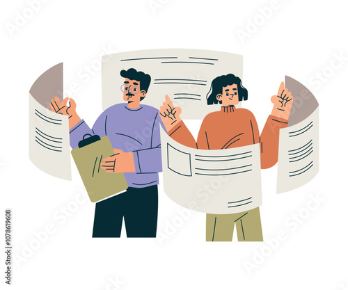 Productive Team with Business Man and Woman with Window Work Together Vector Illustration
