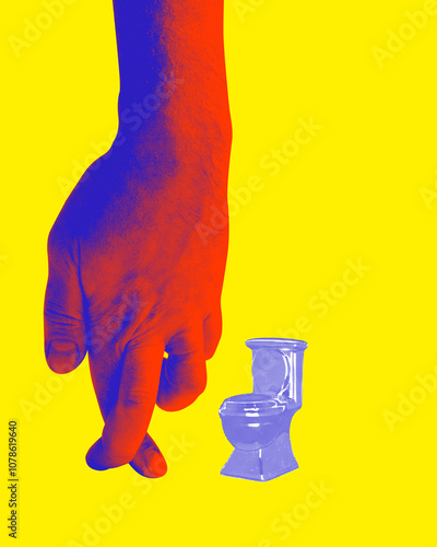 Red hand reaching towards small toilet, set against bright yellow background. Contemporary art collage. Humor and playfulness. Concept of pop art design, creativity, imagination, fantasy.