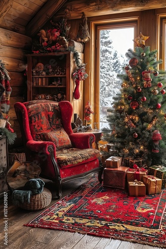 A warm, inviting cabin featuring a chair, tree, and gifts, embodying the spirit of the holiday season. photo