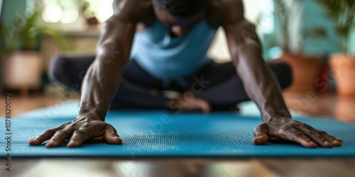 Individual practicing yoga and stretching on a floor mat at home, focusing on fitness and wellness, while preparing for a workout in a living space