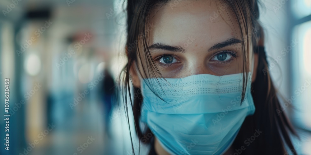 Portrait of a female student wearing a face mask, representing education and safety during the pandemic while studying Portrait of a female student wearing a face mask, representing education and safety during the pandemic while studying