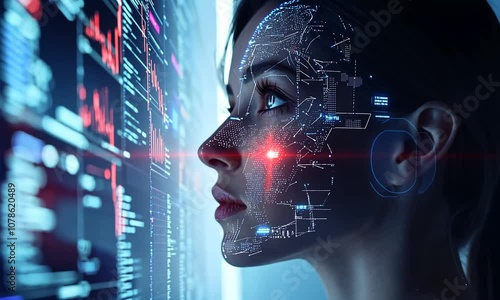 Wallpaper Mural Woman's face overlaid with digital data and a code screen Torontodigital.ca