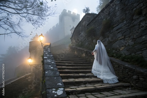 Ghost bride ascending ancient staircase in a foggy castle photo