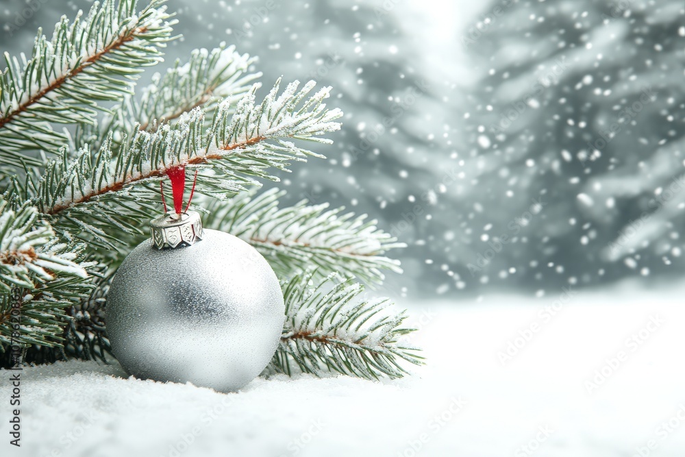 Frosted evergreen branches adorned with a single silver bauble in snowy surroundings capturing the serene beauty of winter and minimalist holiday elegance Frosted evergreen branches adorned with a single silver bauble in snowy surroundings capturing the serene beauty of winter and minimalist holiday elegance