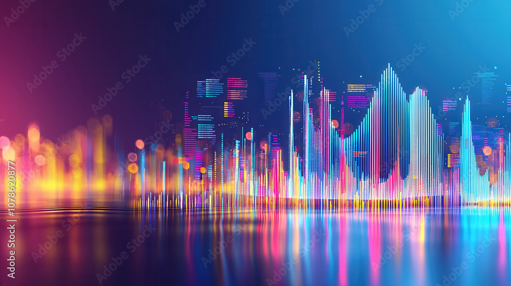 Vibrant sound wave visualization with colorful bars and glowing lights, representing audio data and digital technology Vibrant sound wave visualization with colorful bars and glowing lights, representing audio data and digital technology