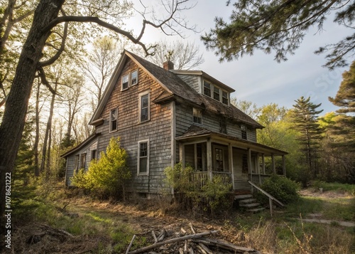 Urban Exploration of a Rustic Cedar Shake House Surrounded by Nature in an Abandoned Neighborhood with Weathered Wood and Overgrown Vegetation Highlighting the Beauty of Decay