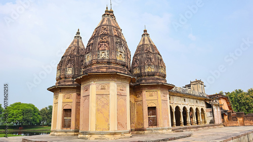 Carvings depicting human life and Hindu deities on the shikhara (spire) of Ganesh Bagh Temple, located in Chitrakoot, Madhya Pradesh