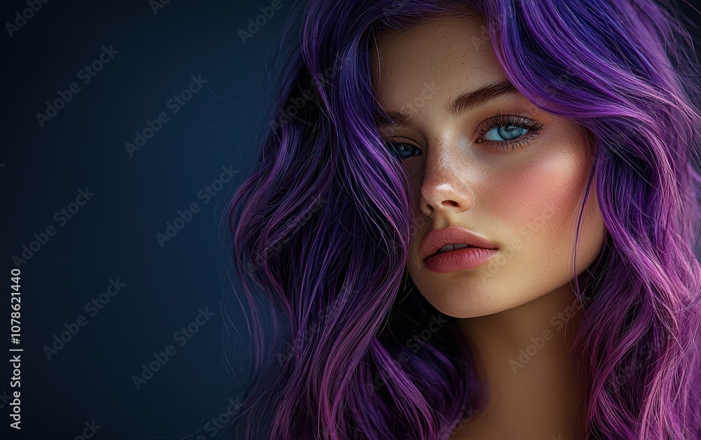 A stunning portrait of a young woman with vibrant purple hair and captivating blue eyes, showcasing beauty and uniqueness against a dark background. A stunning portrait of a young woman with vibrant purple hair and captivating blue eyes, showcasing beauty and uniqueness against a dark background.