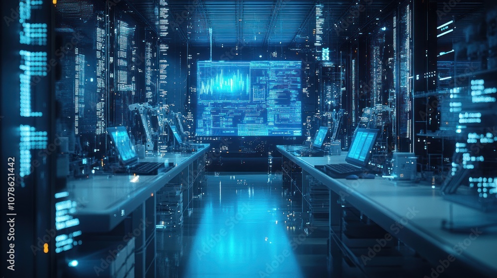 Futuristic server room with blue glowing lights and data visualizations on screens. Futuristic server room with blue glowing lights and data visualizations on screens.