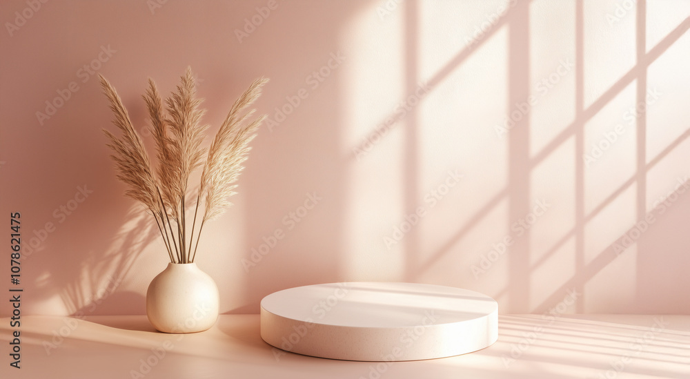 Abstract pink background with geometric shapes and a podium for product presentation mockup. Minimalist scene design concept, 3D render