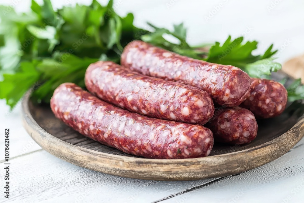 Freshly made sausages arranged on a wooden plate, surrounded by parsley, showcasing rich colors and textures for culinary use. Freshly made sausages arranged on a wooden plate, surrounded by parsley, showcasing rich colors and textures for culinary use.