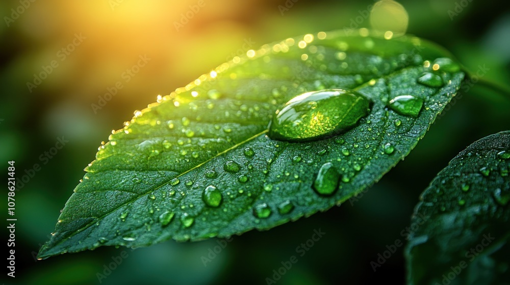 Close-up of a leaf with water droplets in natural light. Close-up of a leaf with water droplets in natural light.