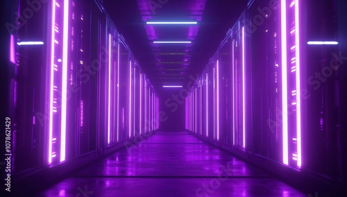 Futuristic Cyberpunk Server Room with Purple Neon Lights