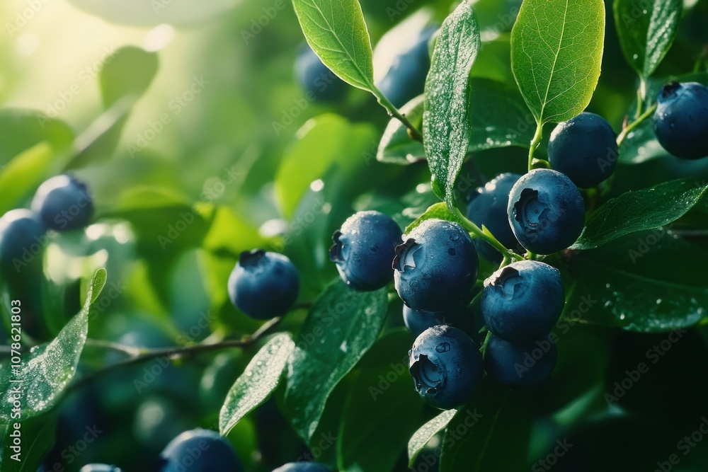 Fresh Blueberries on Plant with Dew Drops