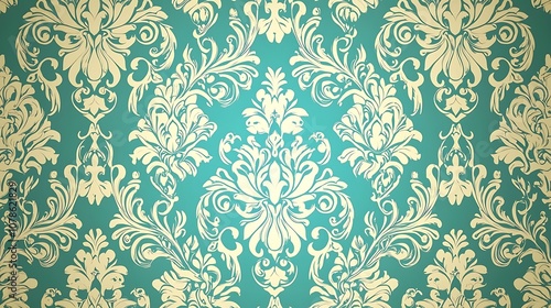 Elegant Vintage Damask Pattern with Intricate Floral Motifs in Soft Cream Against a Soft Teal Background for Classic Interior Design and Decor Inspiration