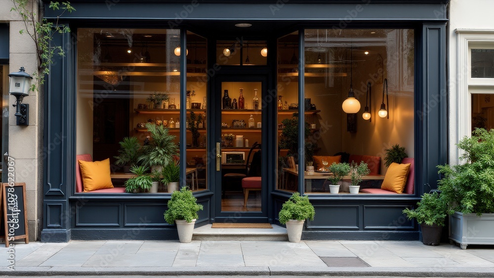 Outdoor storefront mockup of a coffee shop with plants and seating outside, creating a welcoming atmosphere.