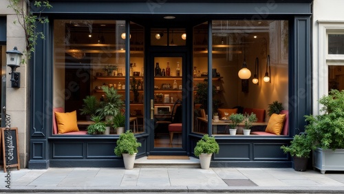 Obraz na płótnie Outdoor storefront mockup of a coffee shop with plants and seating outside, creating a welcoming atmosphere. w salonie