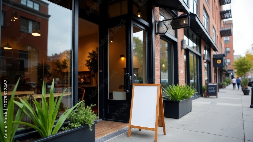 Cozy storefront banner mockup with a blank sign above the entrance, ideal for cafe branding and promotions.