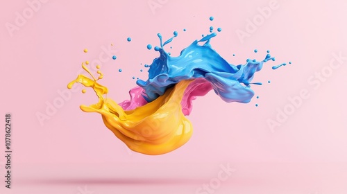 Vibrant splashes of color in mid-air, showcasing dynamic motion and artistic flair against a soft pink backdrop. Perfect for creative projects.