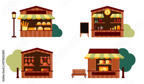 Unique Icon Set of Colorful Fair Market Stalls, Mini Shop Buildings with Trees, Vector Isolated