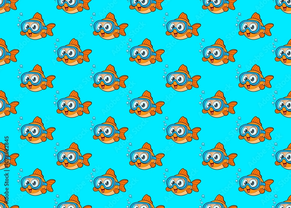 Seamless pattern with fishes in masks. Background with fish. Summer season. Swimming season. Summer mood. Seamless pattern with fishes in masks. Background with fish. Summer season. Swimming season. Summer mood.