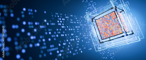 Quantum computer. ECH Protocol. Artificial intelligence. Big data. Binary. Hacker. AI. Digital technology. Data storage. Abstract technical background. Database. Encrypted Client Hello. 3D render.