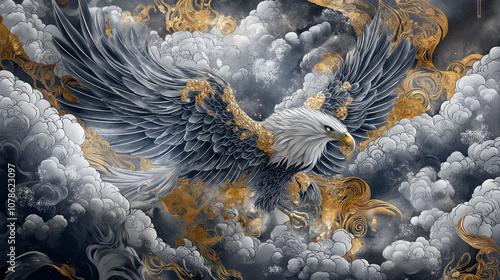 Stylized eagle with silver and gold feathers, wings spread amidst clouds of smoke in Japanese tattoo design photo