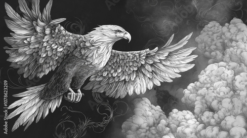 Illustration of an eagle in flight with intricate feather details and smoky clouds, symbolizing strength and freedom photo