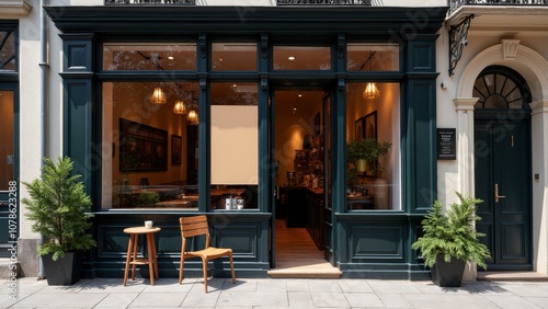 Collection of storefront sign mockups featuring cafes with blank signs above the entrance for logo placement. photo