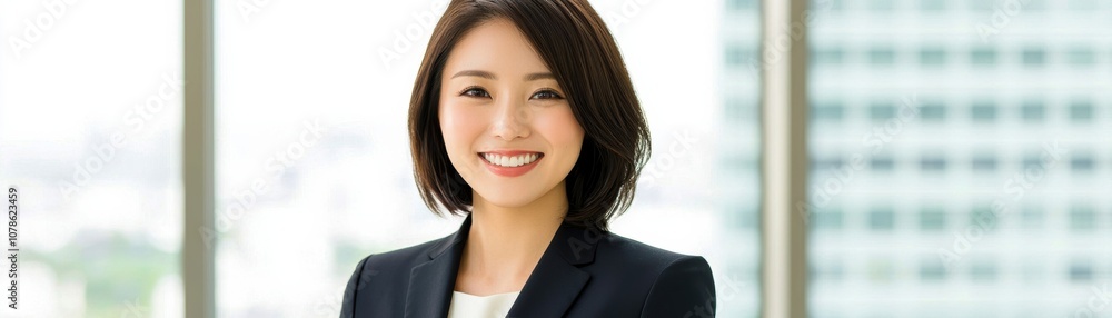 Confident businesswoman in a modern office, smiling at the camera. A welcoming atmosphere with city views reflects professionalism and ambition. Confident businesswoman in a modern office, smiling at the camera. A welcoming atmosphere with city views reflects professionalism and ambition.