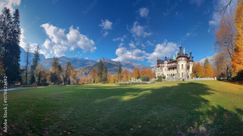 A grand castle with a sprawling lawn and vibrant autumn foliage in the foreground, set against a backdrop of majestic mountains and a clear blue sky. A grand castle with a sprawling lawn and vibrant autumn foliage in the foreground, set against a backdrop of majestic mountains and a clear blue sky.