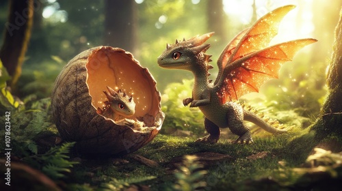 Charming Tiny Dinosaur in Forest Setting with Egg