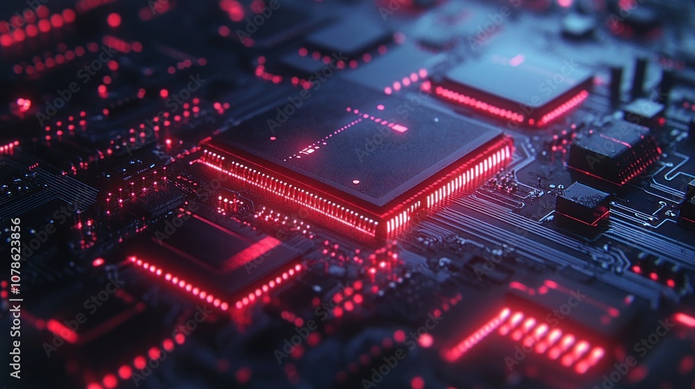A close-up shot of a red-glowing CPU on a circuit board. A close-up shot of a red-glowing CPU on a circuit board.