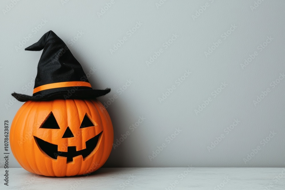 A cheerful jack-o'-lantern wearing a black witch hat, perfect for Halloween-themed decorations and festive celebrations. A cheerful jack-o'-lantern wearing a black witch hat, perfect for Halloween-themed decorations and festive celebrations.