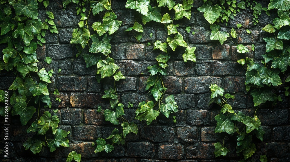A textured brick wall adorned with vibrant green ivy leaves. A textured brick wall adorned with vibrant green ivy leaves.