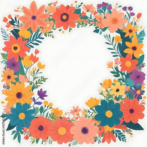 Colorful Floral Wreath Border with White Background