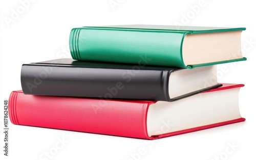 A vibrant stack of three hardcover books in green, black, and red, showcasing a classic design suitable for libraries or personal collections. photo