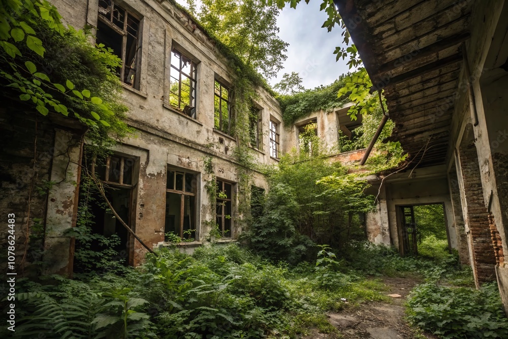 Urban Exploration Photography of Abandoned Buildings with Grungy Textures and Overgrown Vegetation in a Post-Apocalyptic Setting, Capturing the Beauty of Decay and History Urban Exploration Photography of Abandoned Buildings with Grungy Textures and Overgrown Vegetation in a Post-Apocalyptic Setting, Capturing the Beauty of Decay and History