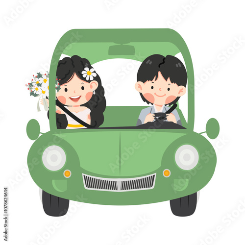 Bride and groom sitting in a car