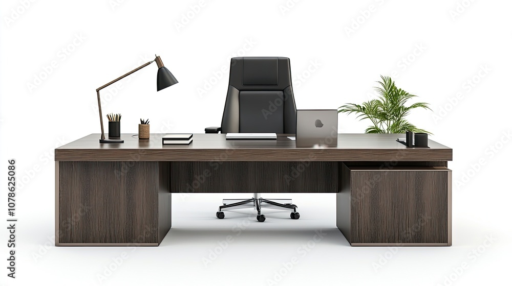 A modern executive desk with a black leather chair and a small potted plant. A modern executive desk with a black leather chair and a small potted plant.
