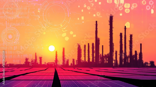 Modern industrial facility at dawn with solar panels, showcasing vibrant sunset and advanced technology. scene evokes sense of innovation and sustainability
