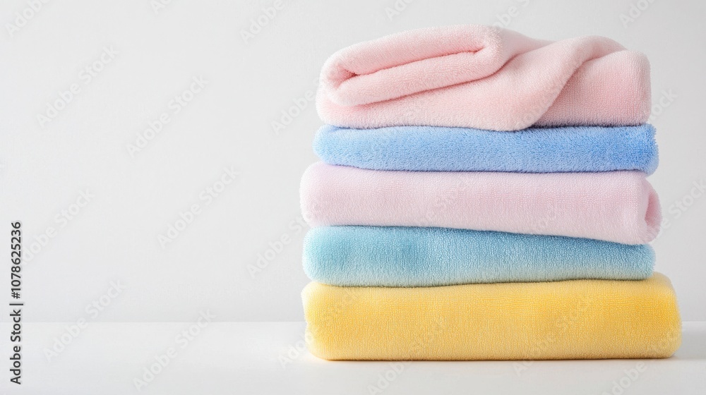A neatly folded stack of colorful plush towels in soft pastel shades, perfect for spa, bathroom, or home decor settings. A neatly folded stack of colorful plush towels in soft pastel shades, perfect for spa, bathroom, or home decor settings.
