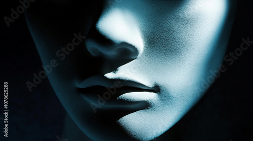 Close shot of a face partially in shadow, suggesting abstract and elusive thoughts. photo