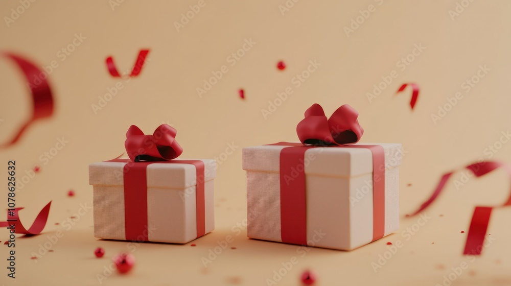 Obraz premium Colorful Gift Boxes with Red Ribbons and Confetti