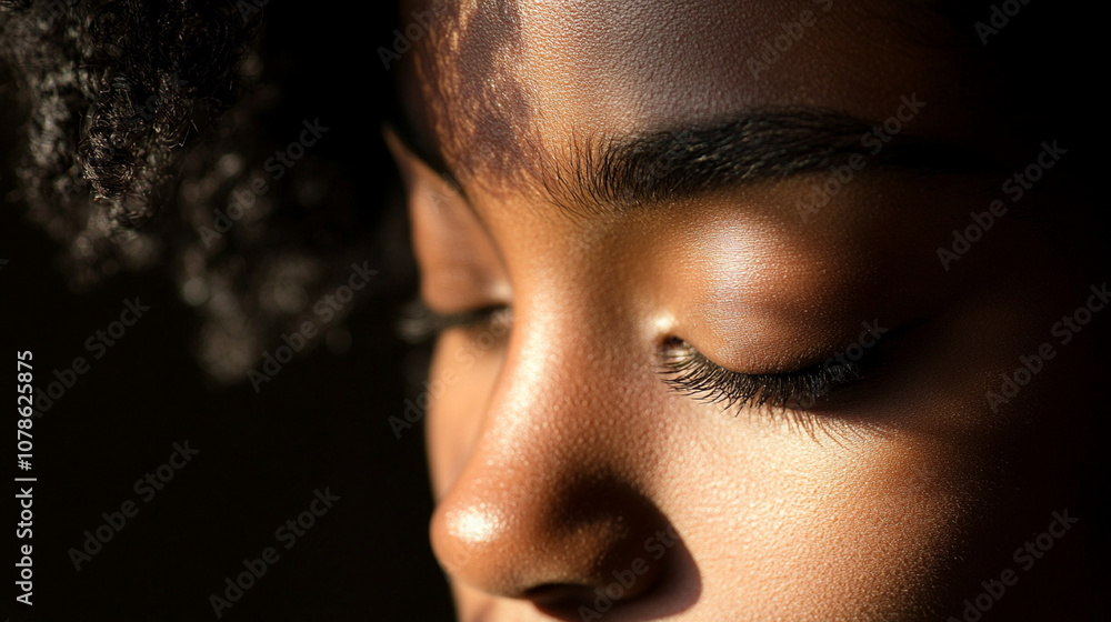 Close-up of a thoughtful gaze directed downward, with soft light illuminating only part of the face. Close-up of a thoughtful gaze directed downward, with soft light illuminating only part of the face.